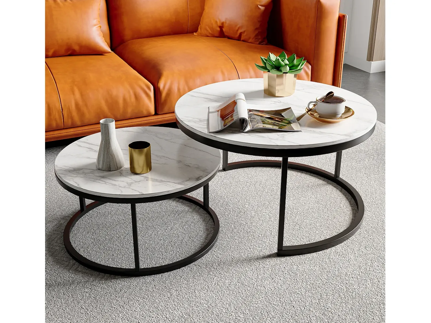 Mesa De Centro* Conjunto de 2 mesas de centro modernas, empilháveis, estrutura em metal , tampo em mármore - 80 cm Preto