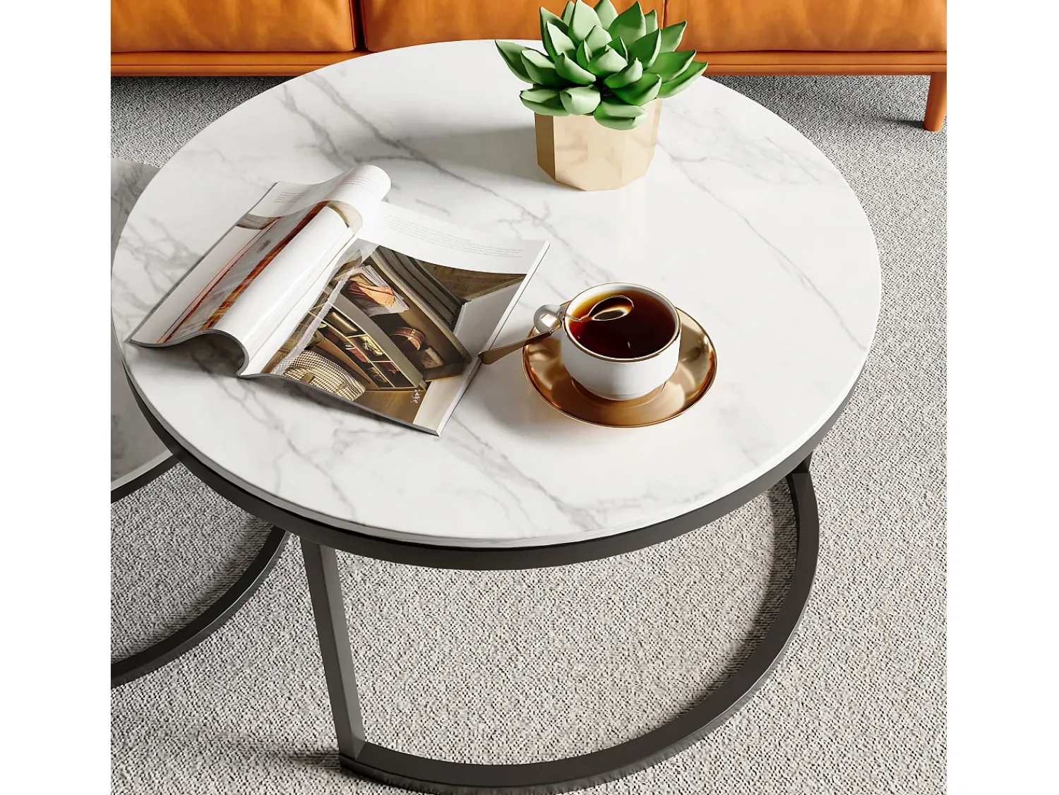 Mesa De Centro* Conjunto de 2 mesas de centro modernas, empilháveis, estrutura em metal , tampo em mármore - 80 cm Preto