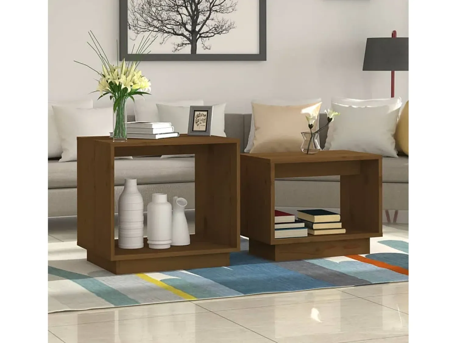 Mesa De Centro* Conjunto de 2 Mesas de Centro Baixas | Mesa de apoio pinho maciço mel Castanho
