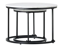 Mesa De Centro*Hauss Spole Conjunto de 2 mesas de centro redondas encaixáveis ​​com acabamento em folheado de mármore e estrutura em metal preto. Branco