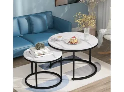 Mesa De Centro*Hauss Spole Conjunto de 2 mesas de centro redondas encaixáveis ​​com acabamento em folheado de mármore e estrutura em metal preto. Branco