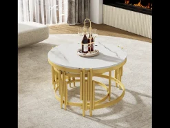 Discount Conjunto de 2 mesas de centro e mesas laterais modernas brancas com estrutura de metal dourado. Branco