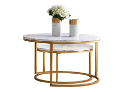 Conjunto de 2 mesas de centro encaixáveis - mármore e metal dourado, mesa lateral moderna, para sala de estar e quarto^ Mesa De Centro