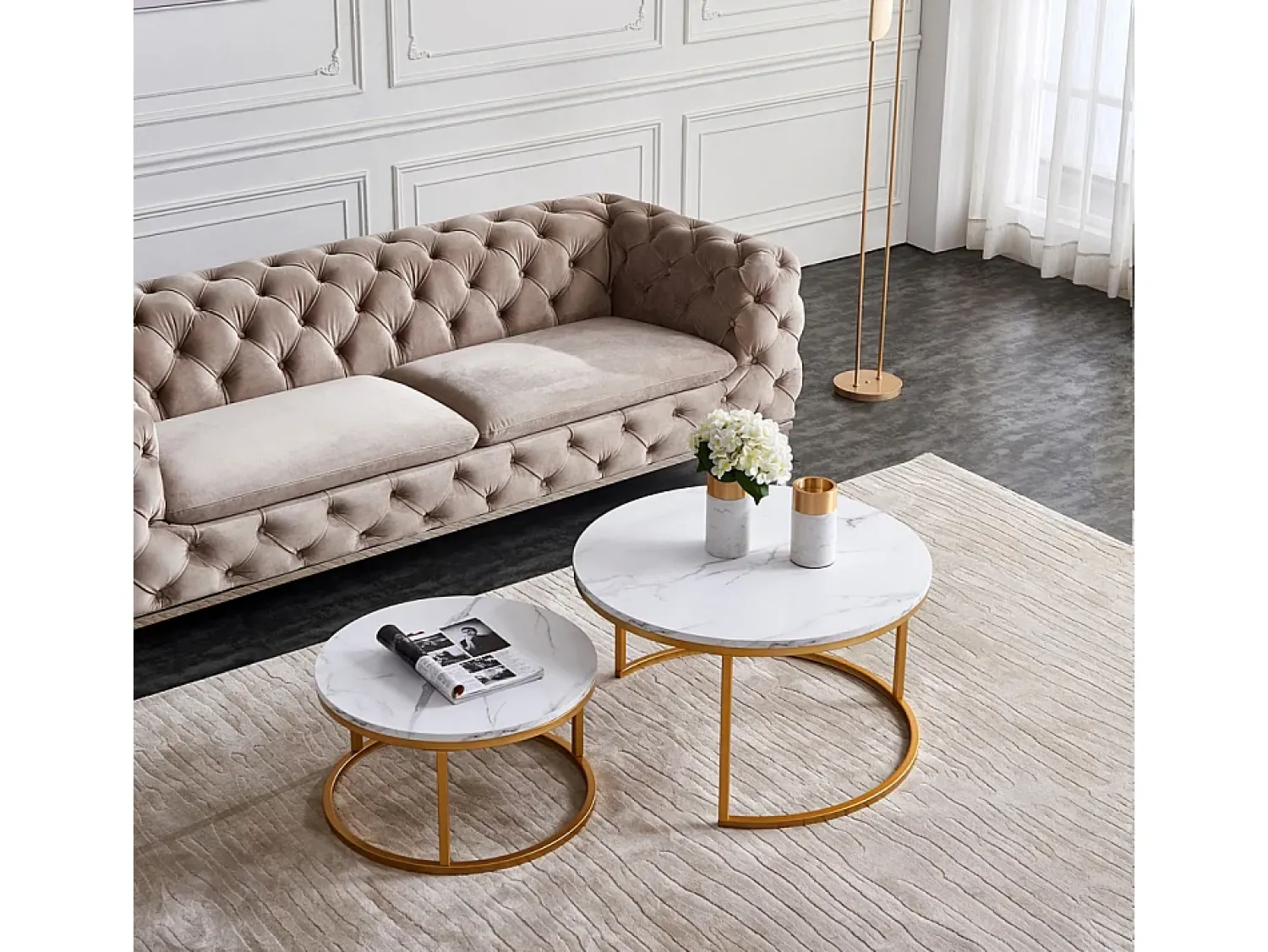 Conjunto de 2 mesas de centro encaixáveis - mármore e metal dourado, mesa lateral moderna, para sala de estar e quarto^ Mesa De Centro