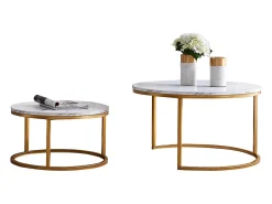 Conjunto de 2 mesas de centro encaixáveis - mármore e metal dourado, mesa lateral moderna, para sala de estar e quarto^ Mesa De Centro