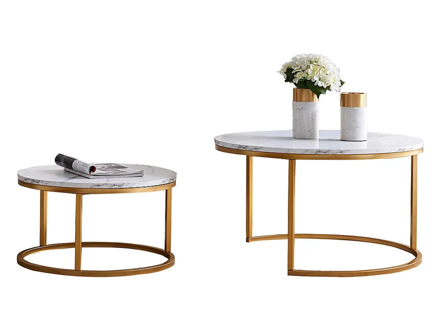Conjunto de 2 mesas de centro encaixáveis - mármore e metal dourado, mesa lateral moderna, para sala de estar e quarto^ Mesa De Centro