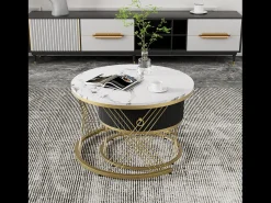 Mesa De Centro|Merax Conjunto de 2 mesas de centro encaixáveis com uma gaveta - Pernas de metal dourado - Tampos padrão mármore - + preto Branco