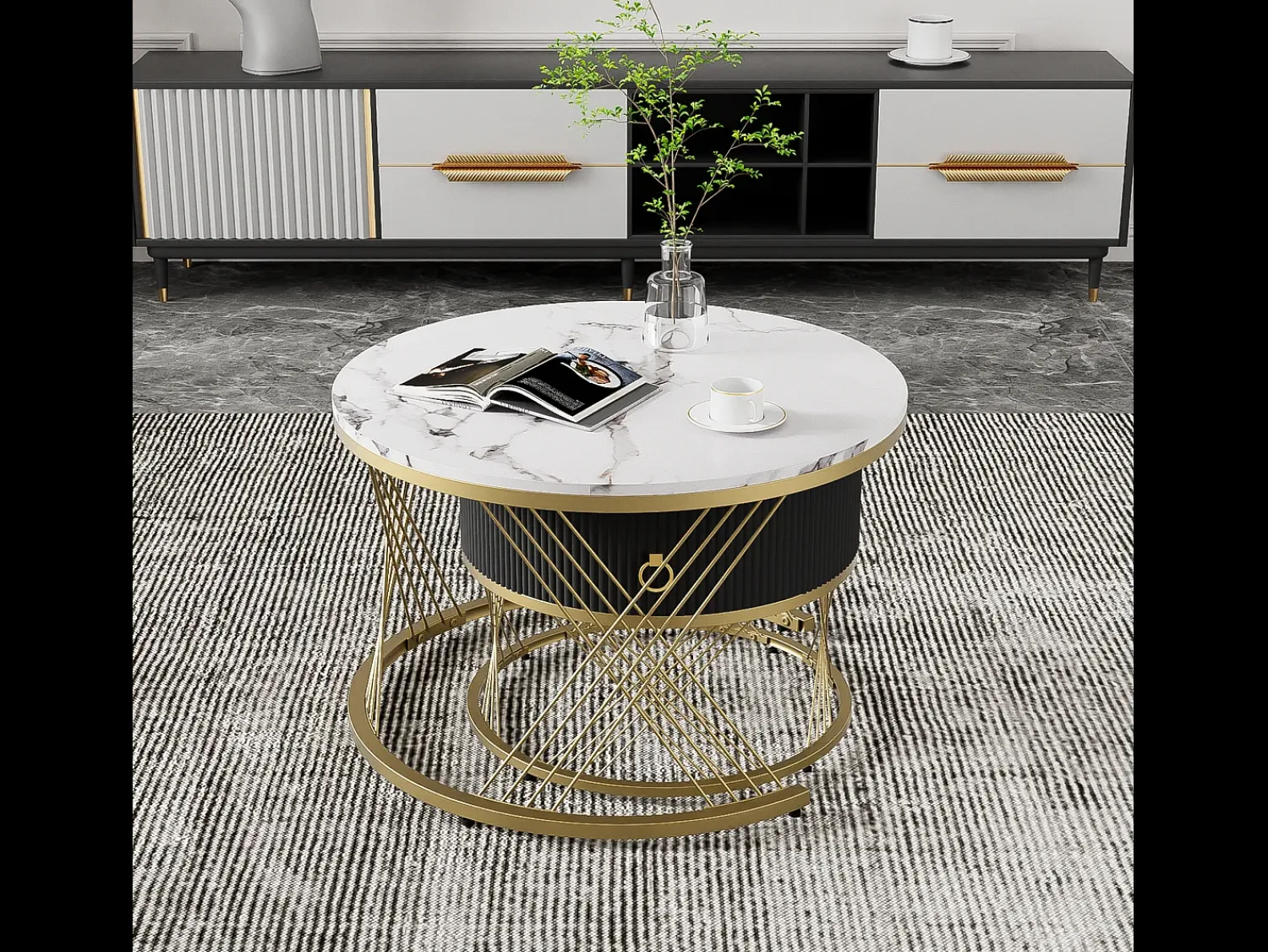 Mesa De Centro|Merax Conjunto de 2 mesas de centro encaixáveis com uma gaveta - Pernas de metal dourado - Tampos padrão mármore - + preto Branco