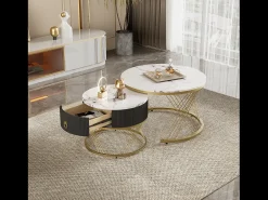 Mesa De Centro|Merax Conjunto de 2 mesas de centro encaixáveis com uma gaveta - Pernas de metal dourado - Tampos padrão mármore - + preto Branco