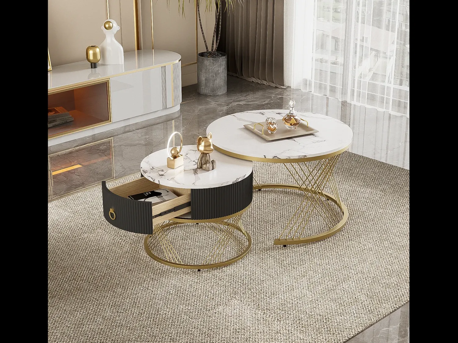 Mesa De Centro|Merax Conjunto de 2 mesas de centro encaixáveis com uma gaveta - Pernas de metal dourado - Tampos padrão mármore - + preto Branco