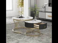 Mesa De Centro|Merax Conjunto de 2 mesas de centro encaixáveis com uma gaveta - Pernas de metal dourado - Tampos padrão mármore - + preto Branco