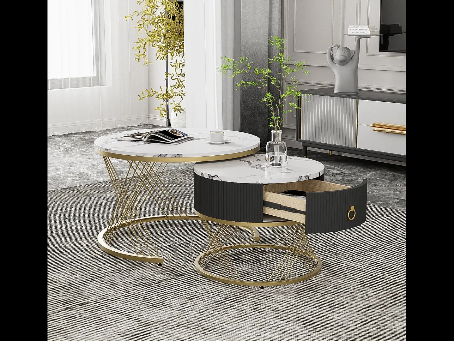 Mesa De Centro|Merax Conjunto de 2 mesas de centro encaixáveis com uma gaveta - Pernas de metal dourado - Tampos padrão mármore - + preto Branco