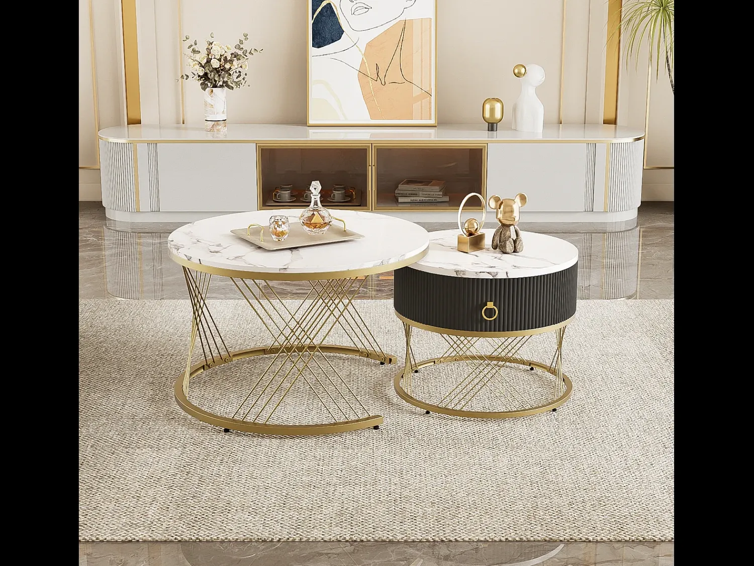 Mesa De Centro|Merax Conjunto de 2 mesas de centro encaixáveis com uma gaveta - Pernas de metal dourado - Tampos padrão mármore - + preto Branco
