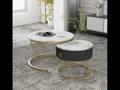 Mesa De Centro|Merax Conjunto de 2 mesas de centro encaixáveis com uma gaveta - Pernas de metal dourado - Tampos padrão mármore - + preto Branco