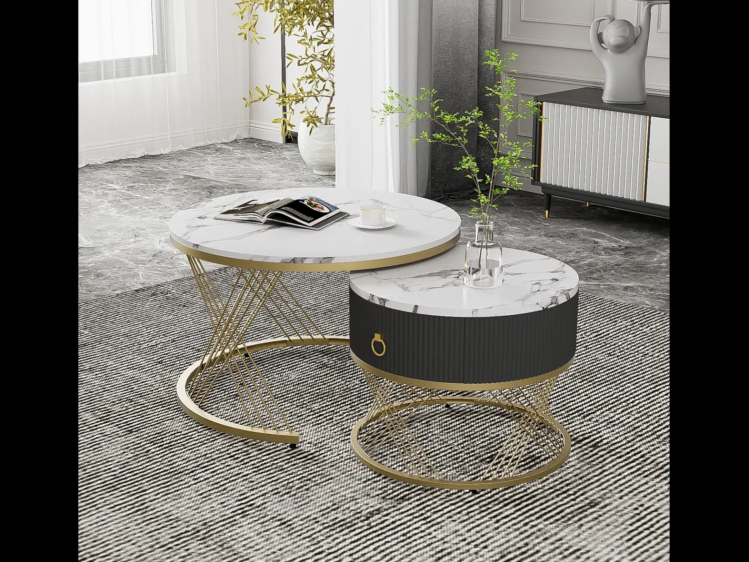Mesa De Centro|Merax Conjunto de 2 mesas de centro encaixáveis com uma gaveta - Pernas de metal dourado - Tampos padrão mármore - + preto Branco