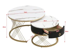 Mesa De Centro|Merax Conjunto de 2 mesas de centro encaixáveis com uma gaveta - Pernas de metal dourado - Tampos padrão mármore - + preto Branco