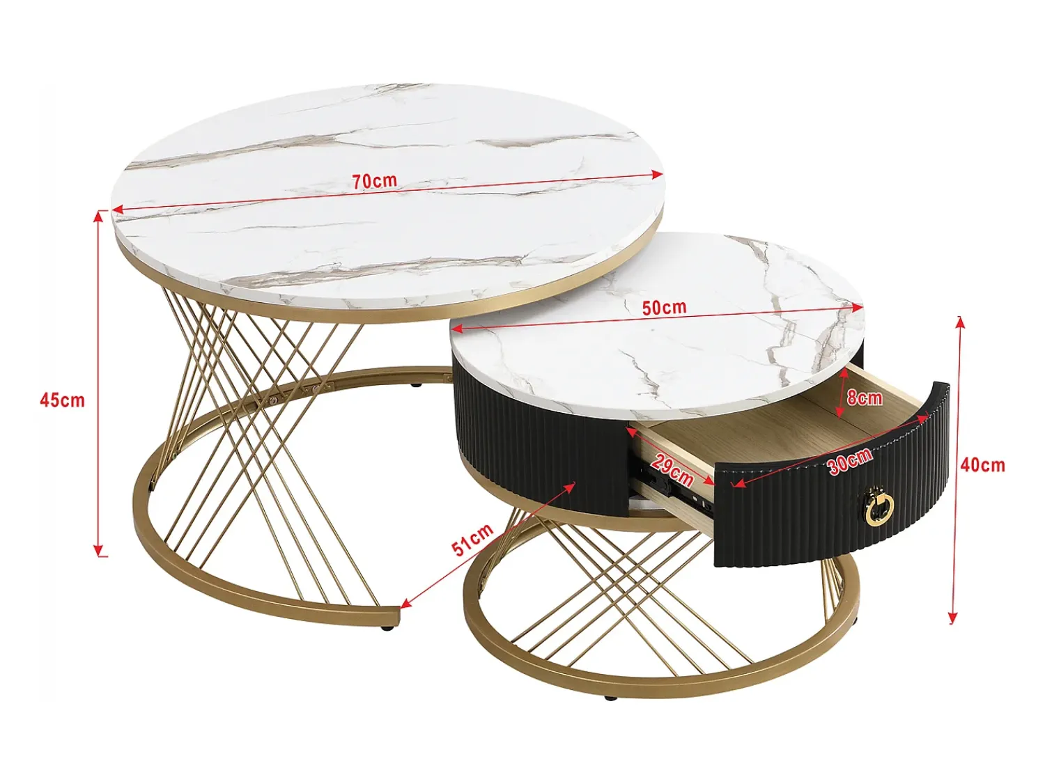 Mesa De Centro|Merax Conjunto de 2 mesas de centro encaixáveis com uma gaveta - Pernas de metal dourado - Tampos padrão mármore - + preto Branco