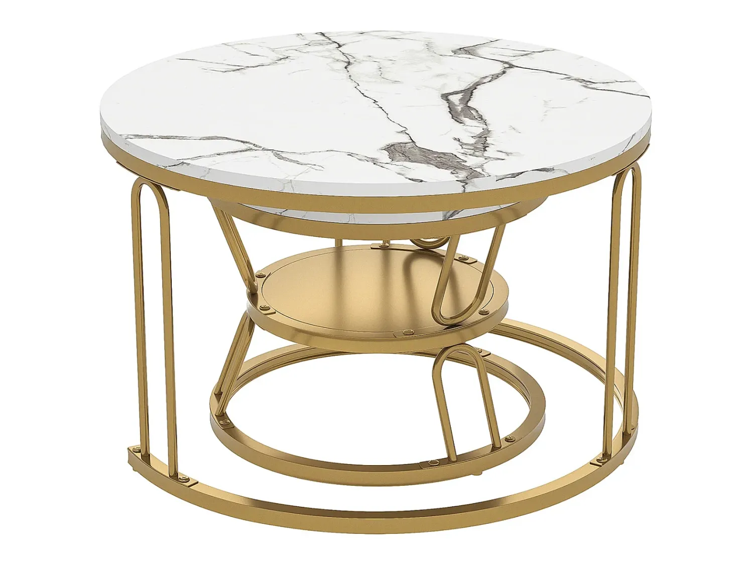 Sale Conjunto de 2 mesas de centro encaixáveis - redondas, tampo de mármore, pernas de ferro em formato de U, douradas, D70x45+D45x40 cm Dourado