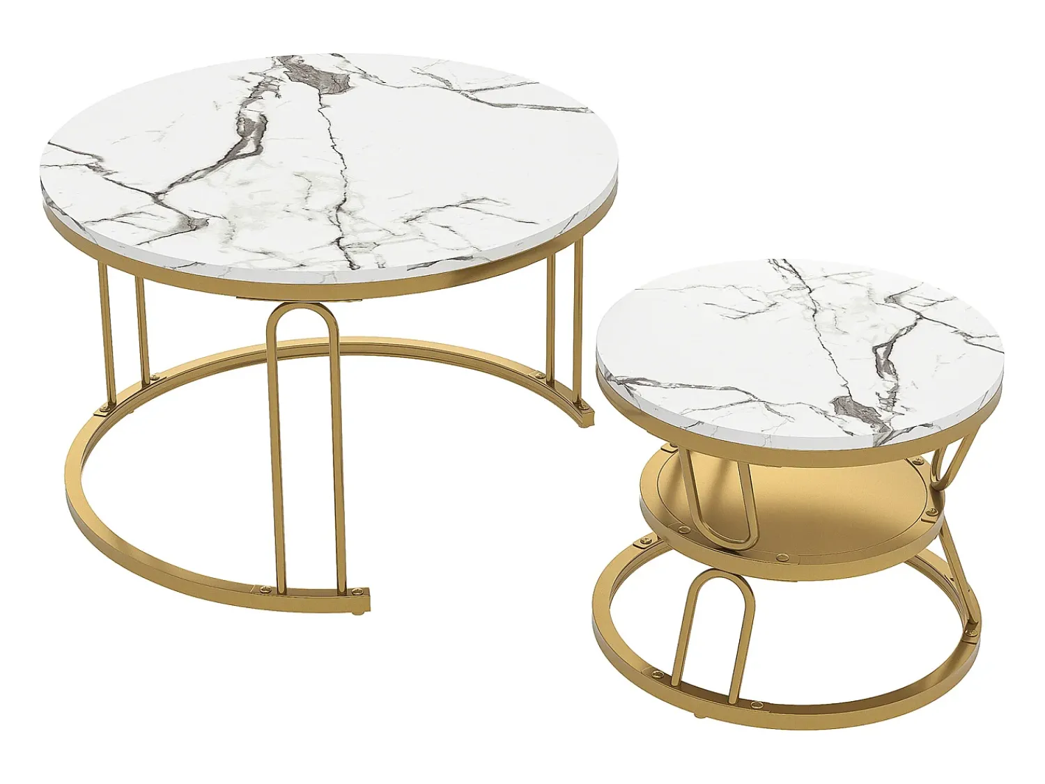 Sale Conjunto de 2 mesas de centro encaixáveis - redondas, tampo de mármore, pernas de ferro em formato de U, douradas, D70x45+D45x40 cm Dourado