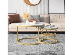 Sale Conjunto de 2 mesas de centro encaixáveis - redondas, tampo de mármore, pernas de ferro em formato de U, douradas, D70x45+D45x40 cm Dourado