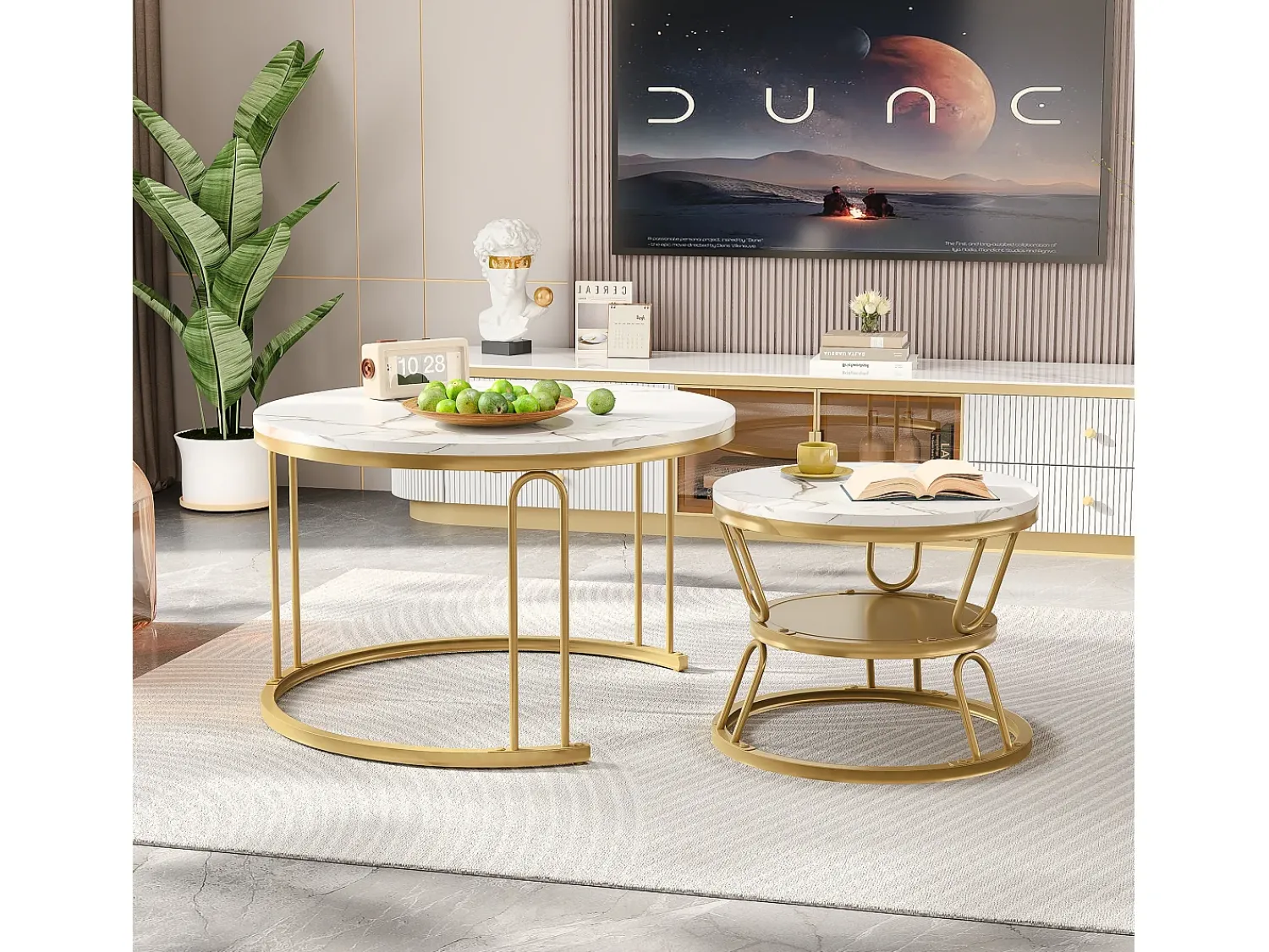 Sale Conjunto de 2 mesas de centro encaixáveis - redondas, tampo de mármore, pernas de ferro em formato de U, douradas, D70x45+D45x40 cm Dourado