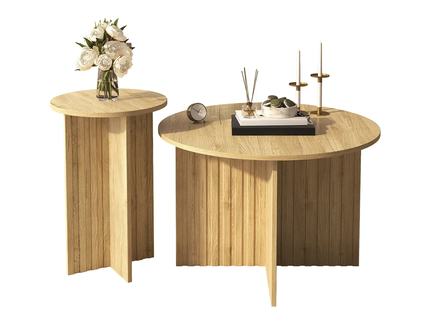 Mesa De Centro*Hauss Spole Conjunto de 2 mesas de centro redondas em MDF e madeira PB – Cor da madeira Natural claro