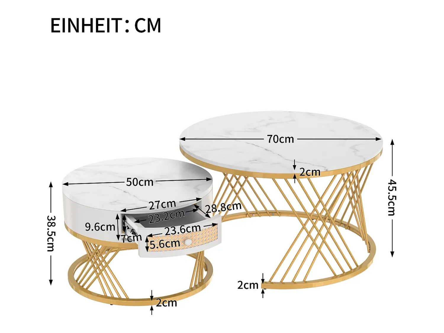 Mesa De Centro*Merax Conjunto de 2 mesas de centro encastradas com gaveta - madeira MDF e metal - tampo padrão mármore - Branco