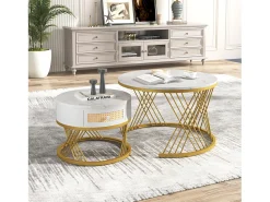 Mesa De Centro*Merax Conjunto de 2 mesas de centro encastradas com gaveta - madeira MDF e metal - tampo padrão mármore - Branco