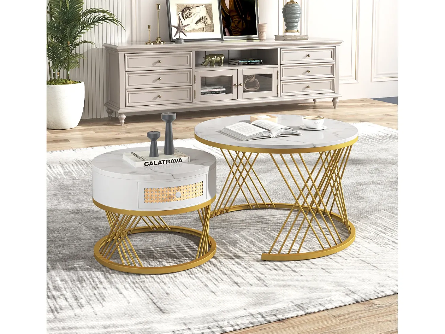 Mesa De Centro*Merax Conjunto de 2 mesas de centro encastradas com gaveta - madeira MDF e metal - tampo padrão mármore - Branco