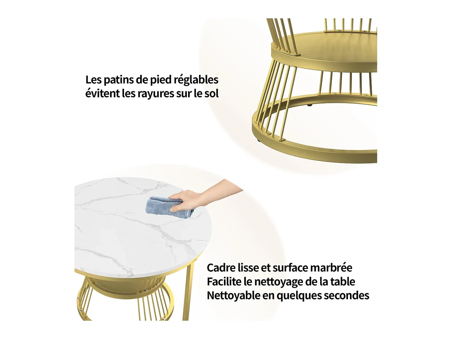 Conjunto de 2 mesas de centro redondas empilháveis com espaço de armazenamento, estrutura metálica, 70/45 cm, douradas. Dourado