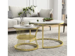 Conjunto de 2 mesas de centro redondas empilháveis com espaço de armazenamento, estrutura metálica, 70/45 cm, douradas. Dourado