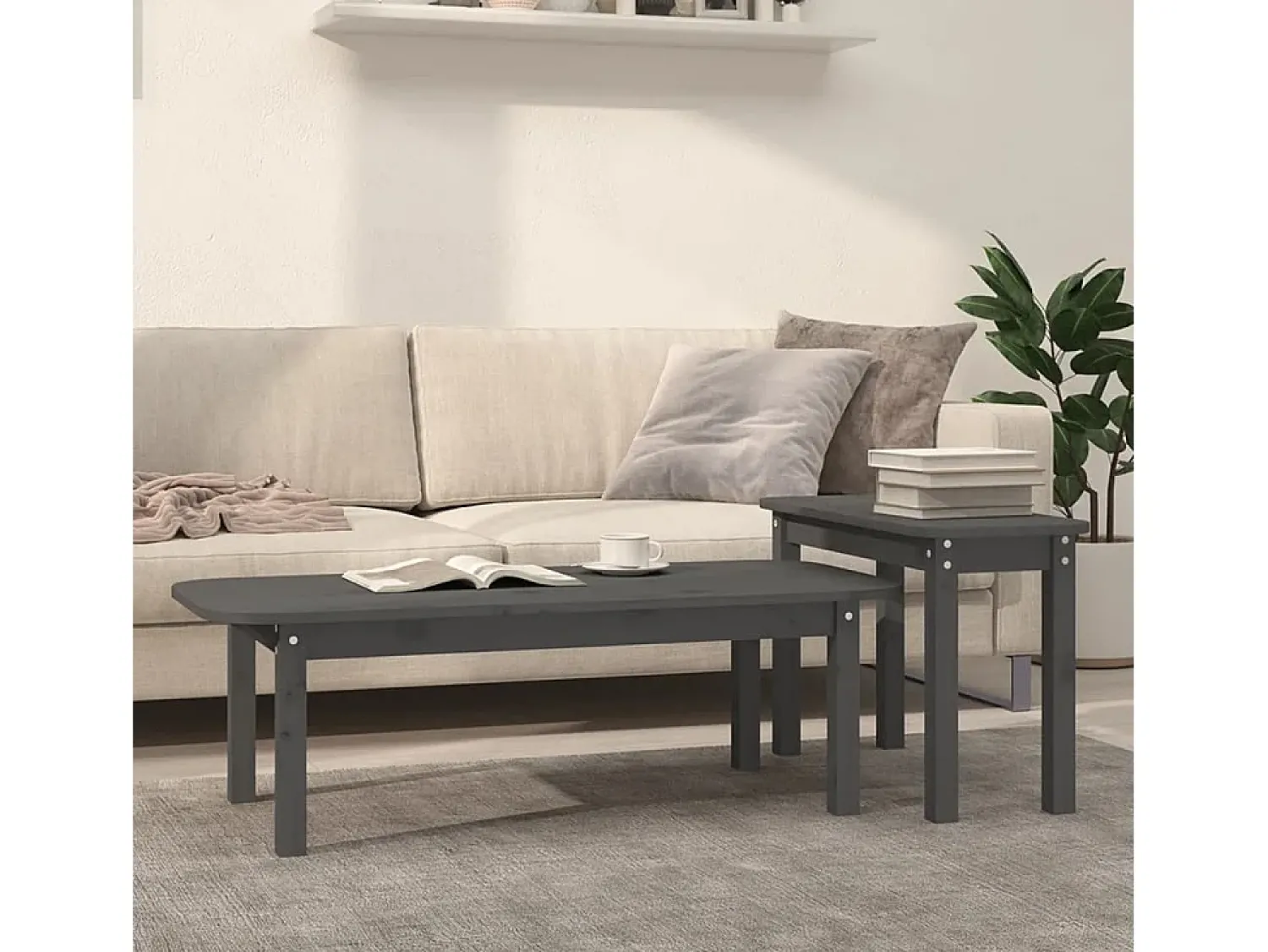 Mesa De Centro| Conjunto de 2 Mesas de Centro | Mesa de apoio pinho maciço Cinzento