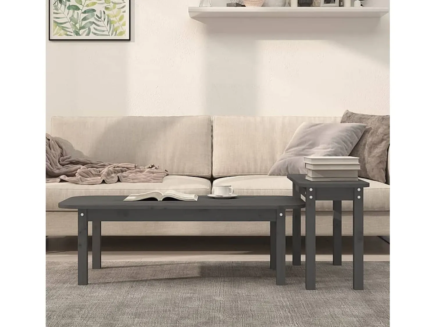 Mesa De Centro| Conjunto de 2 Mesas de Centro | Mesa de apoio pinho maciço Cinzento