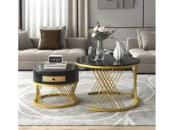New Conjunto de 2 mesas de centro redondas encaixáveis, mesa de apoio com tampo em mármore e gavetas em vime, pernas em ferro dourado - 70x70x45,5+50x50x38,5cm Preto