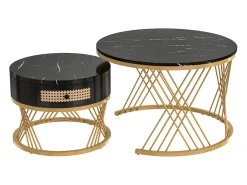 New Conjunto de 2 mesas de centro redondas encaixáveis, mesa de apoio com tampo em mármore e gavetas em vime, pernas em ferro dourado - 70x70x45,5+50x50x38,5cm Preto