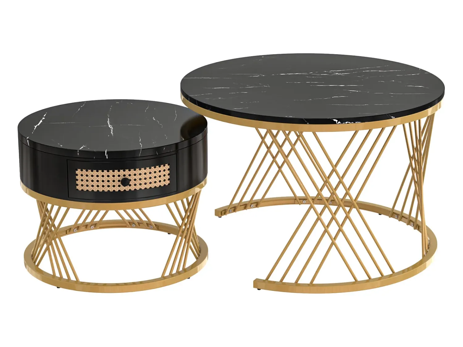 New Conjunto de 2 mesas de centro redondas encaixáveis, mesa de apoio com tampo em mármore e gavetas em vime, pernas em ferro dourado - 70x70x45,5+50x50x38,5cm Preto