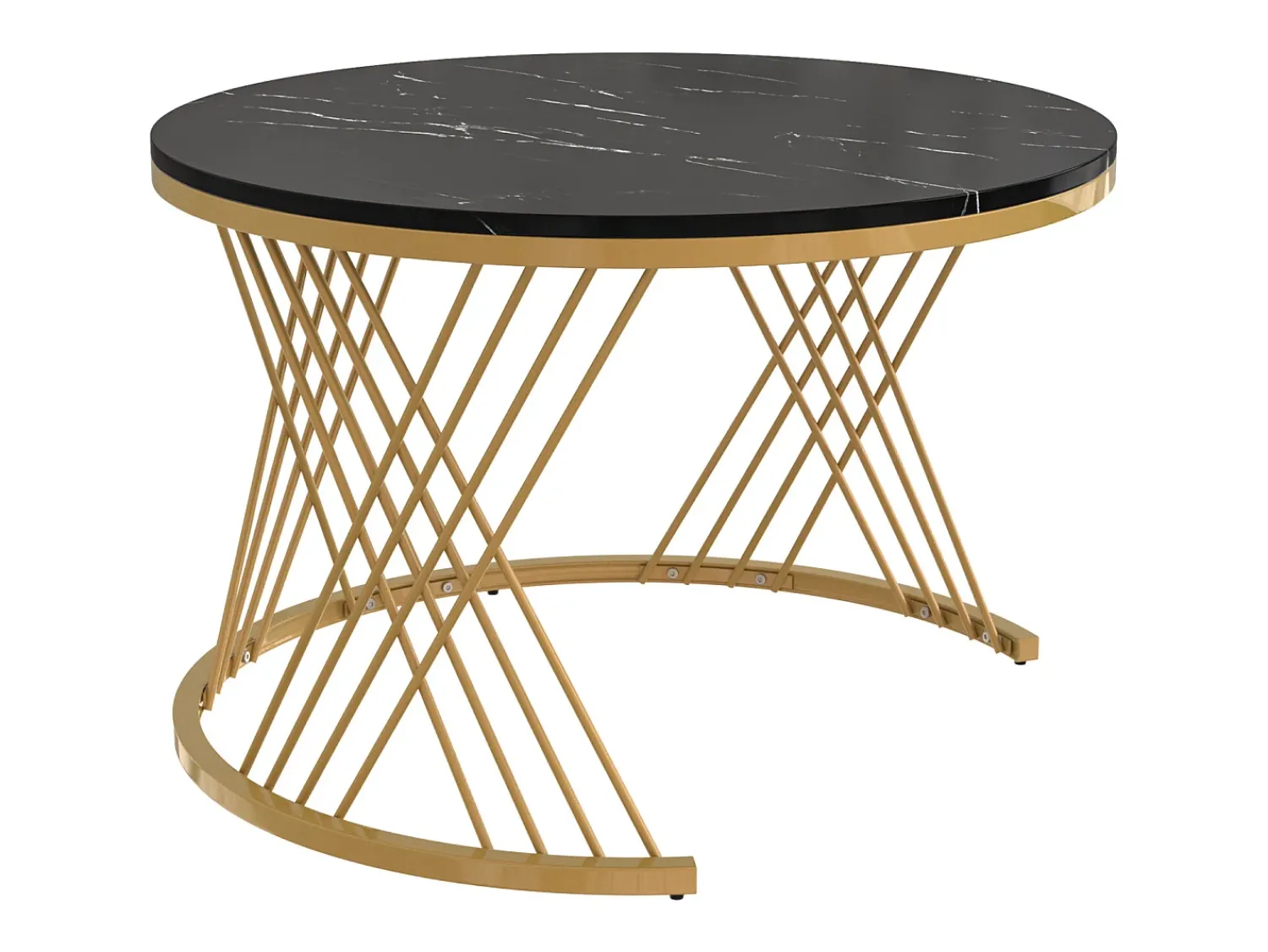 New Conjunto de 2 mesas de centro redondas encaixáveis, mesa de apoio com tampo em mármore e gavetas em vime, pernas em ferro dourado - 70x70x45,5+50x50x38,5cm Preto