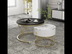 Merax Conjunto de 2 mesas de centro encaixáveis com uma gaveta, mesas redondas - Pernas de metal dourado - Tampos padrão mármore - + branco^ Mesa De Centro