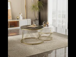 Merax Conjunto de 2 mesas de centro encaixáveis com uma gaveta, mesas redondas - Pernas de metal dourado - Tampos padrão mármore - + branco^ Mesa De Centro