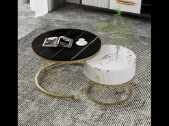 Merax Conjunto de 2 mesas de centro encaixáveis com uma gaveta, mesas redondas - Pernas de metal dourado - Tampos padrão mármore - + branco^ Mesa De Centro