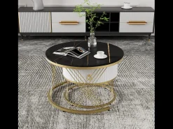 Merax Conjunto de 2 mesas de centro encaixáveis com uma gaveta, mesas redondas - Pernas de metal dourado - Tampos padrão mármore - + branco^ Mesa De Centro