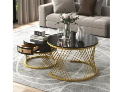 Mesa De Centro*ModernLuxe Conjunto de 2 mesas de centro encaixáveis - tampo efeito mármore - Preto