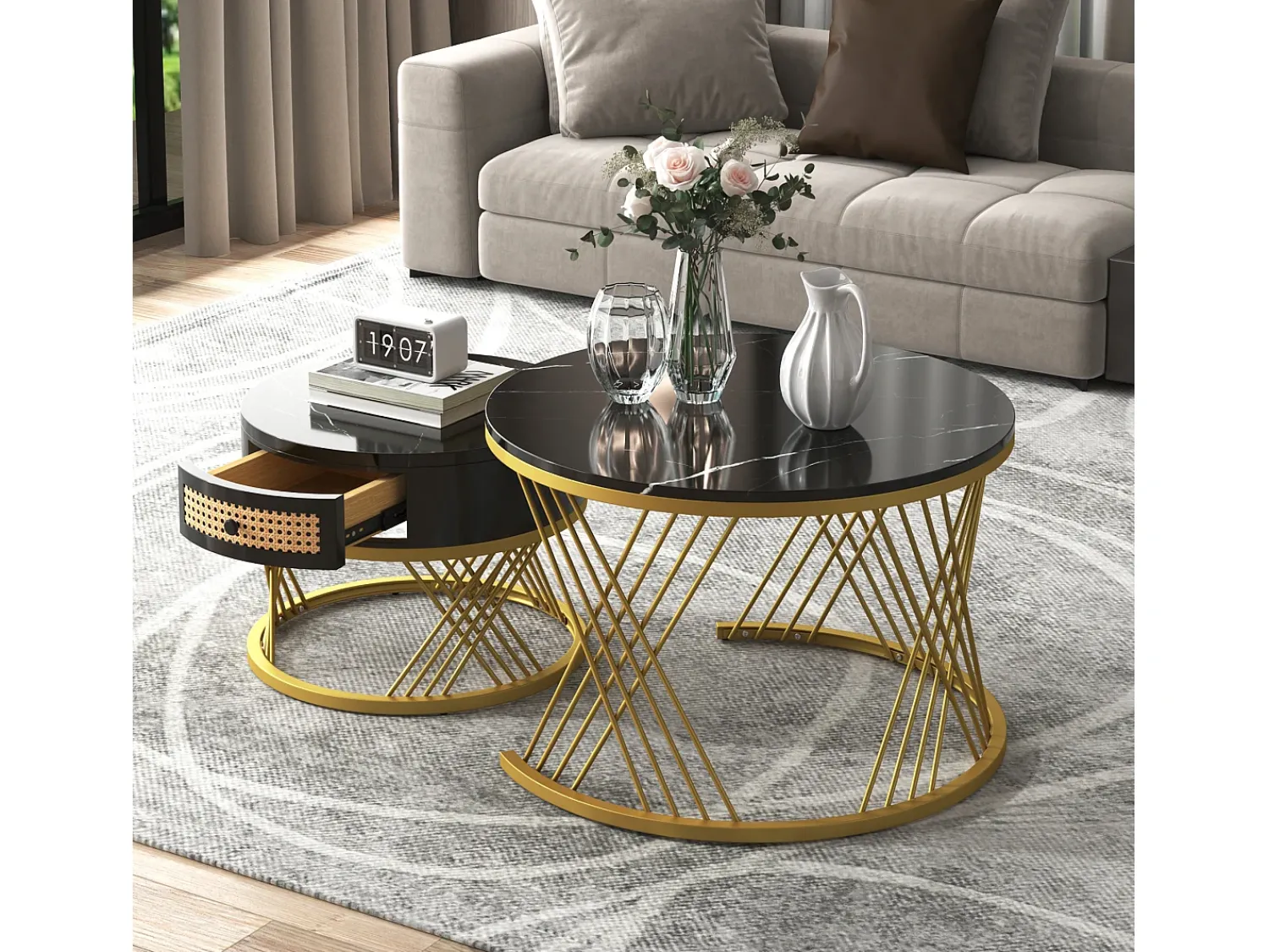 Mesa De Centro*ModernLuxe Conjunto de 2 mesas de centro encaixáveis - tampo efeito mármore - Preto