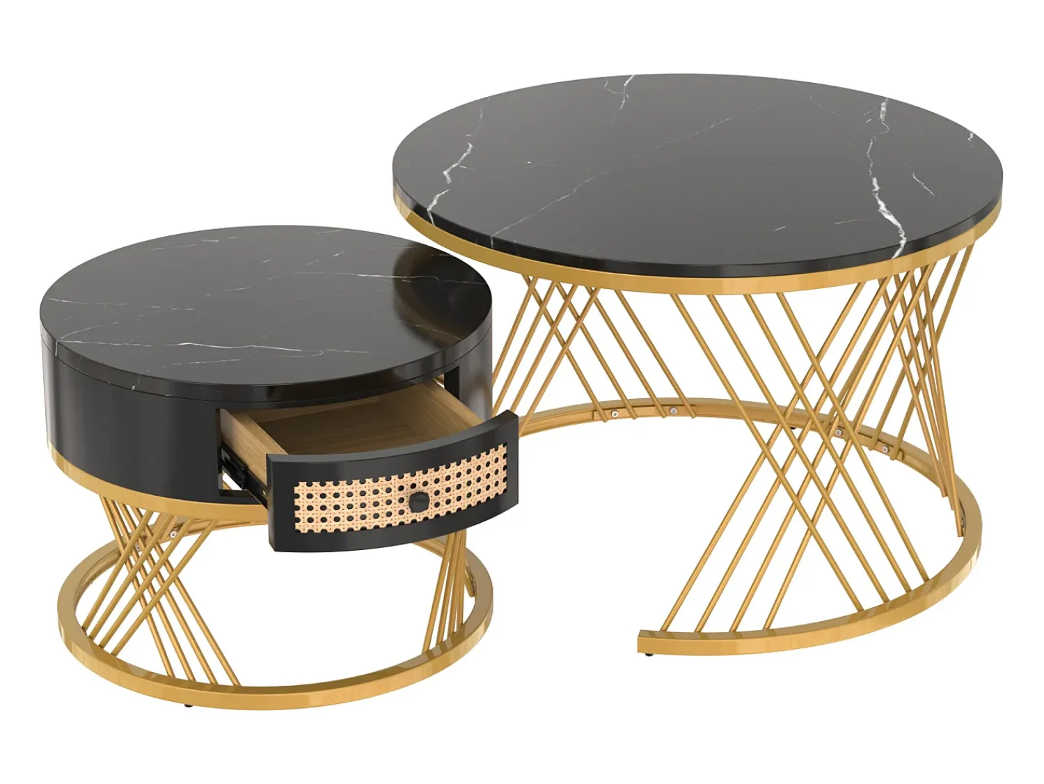 Mesa De Centro*ModernLuxe Conjunto de 2 mesas de centro encaixáveis - tampo efeito mármore - Preto
