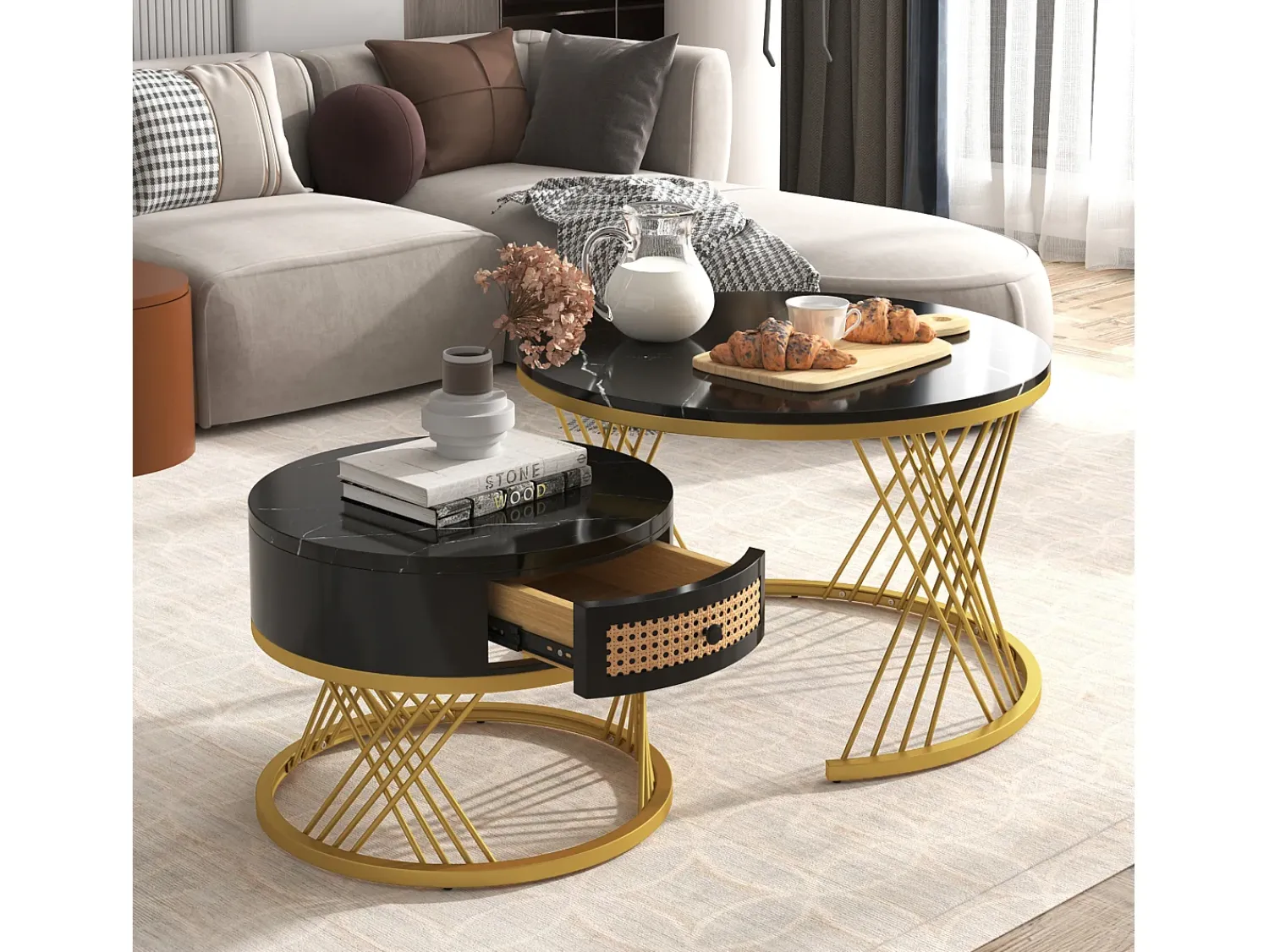 Mesa De Centro*ModernLuxe Conjunto de 2 mesas de centro encaixáveis - tampo efeito mármore - Preto