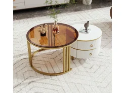 Outlet ModernLuxe Conjunto de 2 mesas de centro encastráveis ​​com 2 gavetas - Tampo em vidro temperado castanho - Branco Castanho / Branco