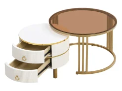 Outlet ModernLuxe Conjunto de 2 mesas de centro encastráveis com 2 gavetas - Tampo em vidro temperado castanho - Branco Castanho / Branco