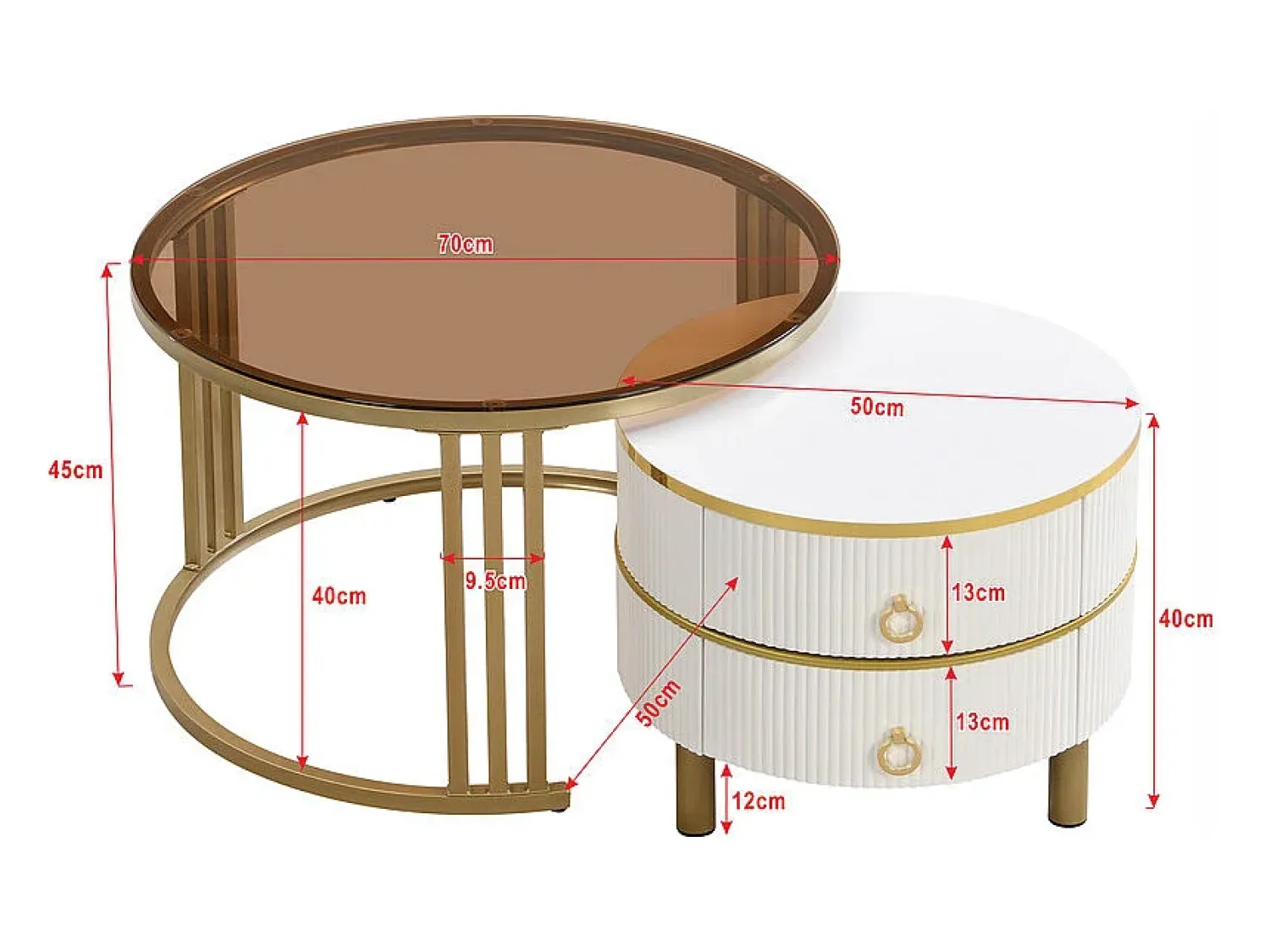 Outlet ModernLuxe Conjunto de 2 mesas de centro encastráveis com 2 gavetas - Tampo em vidro temperado castanho - Branco Castanho / Branco