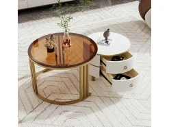 Outlet ModernLuxe Conjunto de 2 mesas de centro encastráveis com 2 gavetas - Tampo em vidro temperado castanho - Branco Castanho / Branco