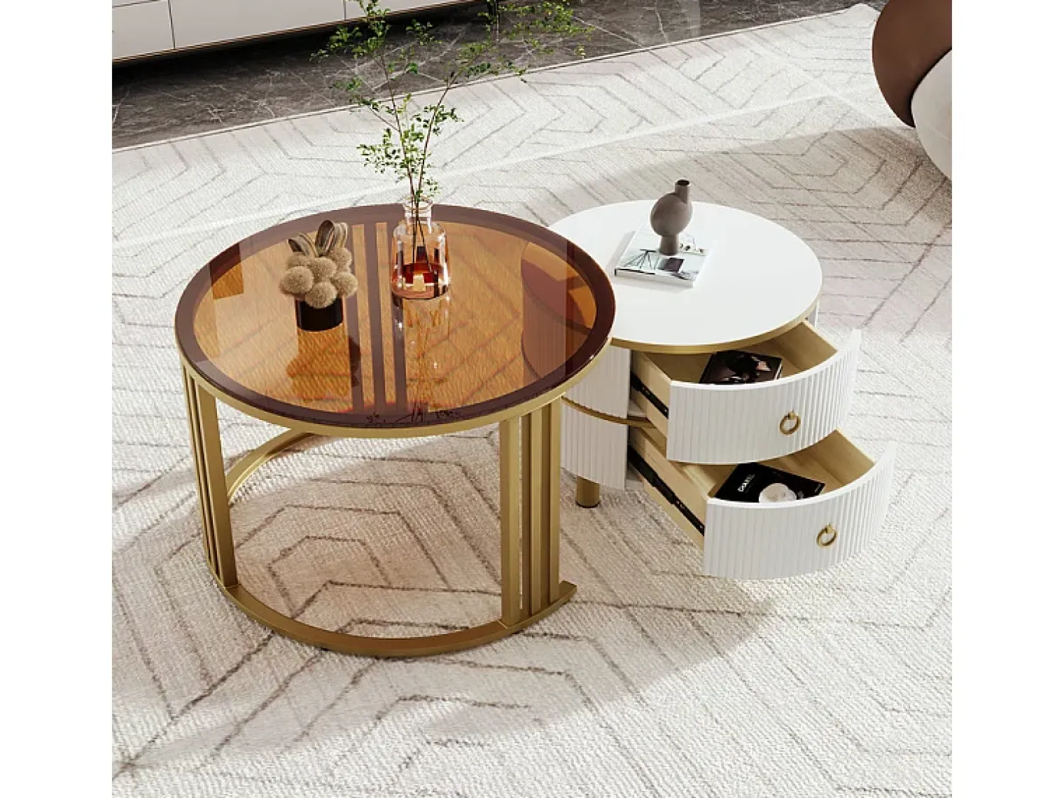 Outlet ModernLuxe Conjunto de 2 mesas de centro encastráveis com 2 gavetas - Tampo em vidro temperado castanho - Branco Castanho / Branco
